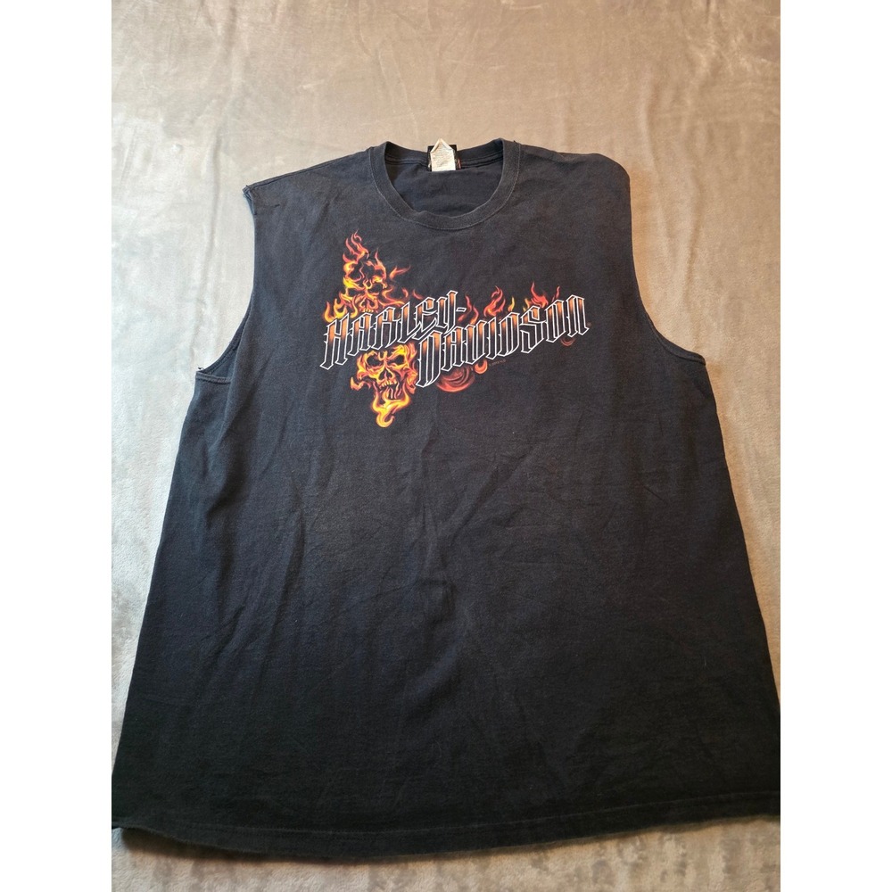 Harley Davidson Sleeveless Shirt Men XL Black Flaming Skull Wabash IN 2012
